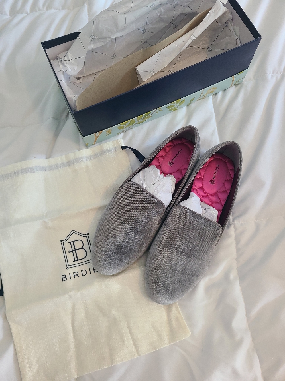 New Birdies Grey Velvet Smoking Slippers with Pink Quilted Insole